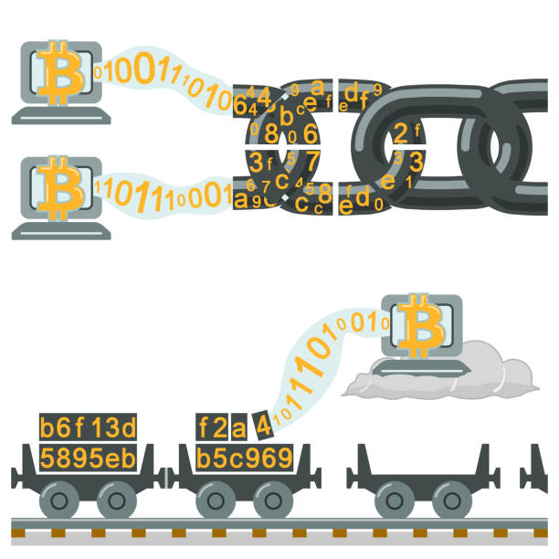 ilustrações, clipart, desenhos animados e ícones de blockchain tecnologia como carroças cadeia ou ferroviária - peer to peer audio