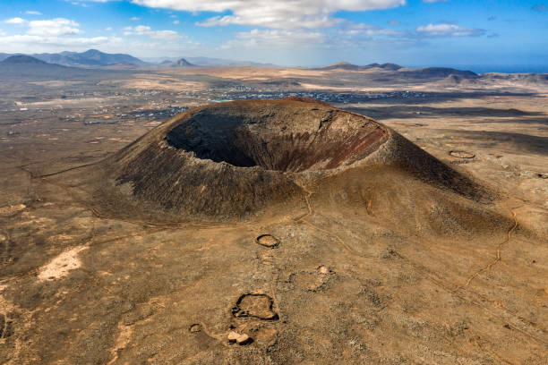 Volcano crater of Calderon Hondo Aerial view Volcano Calderon Hondo crater Fuerteventura Spain extinct volcano stock pictures, royalty-free photos & images