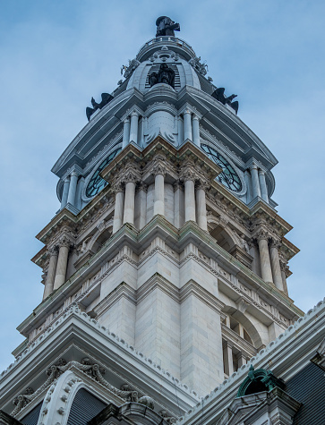 Close-up photo of Philadelphia City Hall main tower