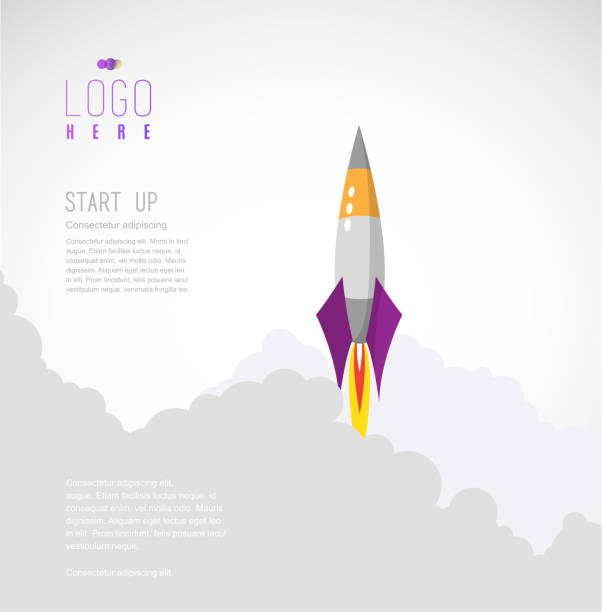 Rocket flies up to sky leaves behind clouds of smoke. Simple vector startup website template. Rocket flies up to sky leaves behind clouds of smoke. Simple vector startup website template. modern resume template stock illustrations