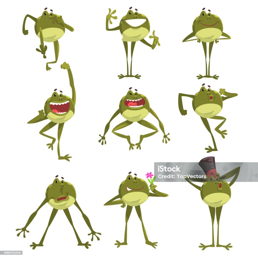 Emotional green funny frog, amfibian animal cartoon character in different poses vector Illustration on a white background Emotional green funny frog, amfibian animal cartoon character in different poses vector Illustration isolated on a white background. Frog stock vector