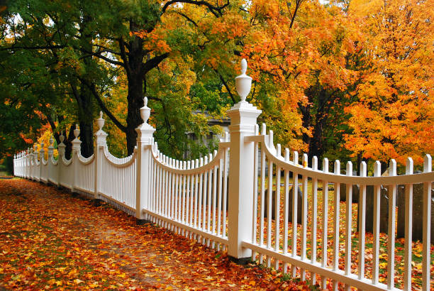 istock Autumn leaves are framed by a white picket fence 1088732202