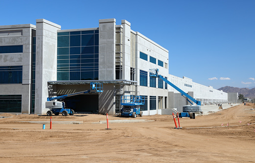 Tilt Up Manufacturing building under construction.  Shot in Perris, California, September 29, 2018.