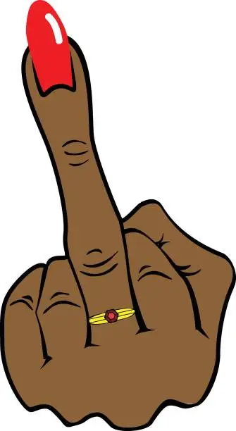 Vector illustration of Black middle finger with red nail and gold ring