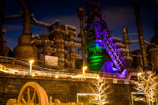 The old Bethlehem Steel factory closed since 1998 is a piece of industrial history, lit at dusk stock photo