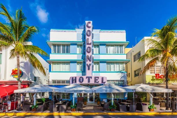 MIAMI, USA - AUG 5, 2013: The Colony hotel located at 736 Ocean Drive and built in the 1930's is the most photographed hotel in South Beach in Miami, Florida.
