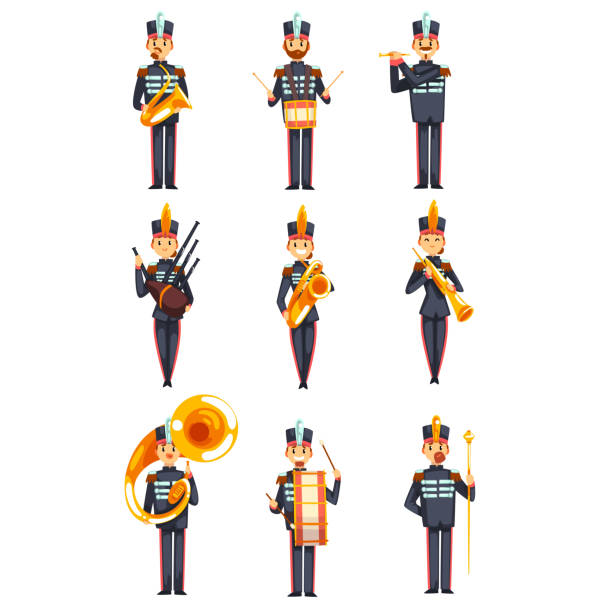 ilustrações, clipart, desenhos animados e ícones de conjunto de soldados tocando instrumentos musicais, integrantes da banda militar do exército em vetor de uniforme azul ilustração sobre um fundo branco - parade band