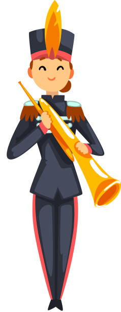 солдат, играющий на духовом духовом музыкальном инструменте, член армейского военного оркестра с музыкальным инструментом вектор иллюстр� - trombone musical instrument wind instrument brass band stock illustrations
