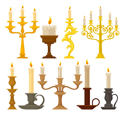 Candles in candlesticks set, vintage candle holders and candelabrums vector Illustration isolated on a white background.