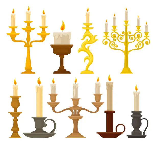 Vector illustration of Candles in candlesticks set, vintage candle holders and candelabrums vector Illustration on a white background