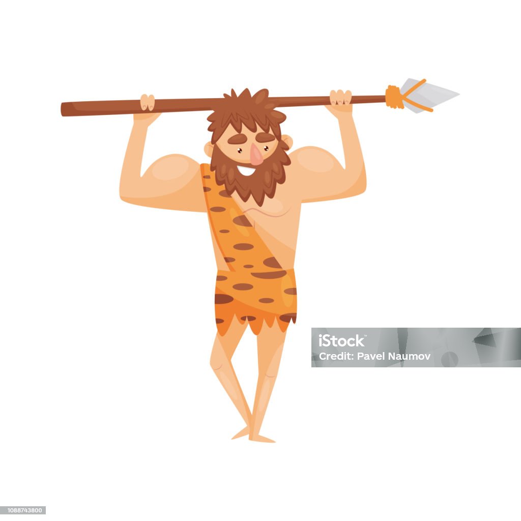 Stone Age Prehistoric Man With Spear Primitive Cavemen Cartoon Character  Vector Illustration On A White Background Stock Illustration - Download  Image Now - iStock
