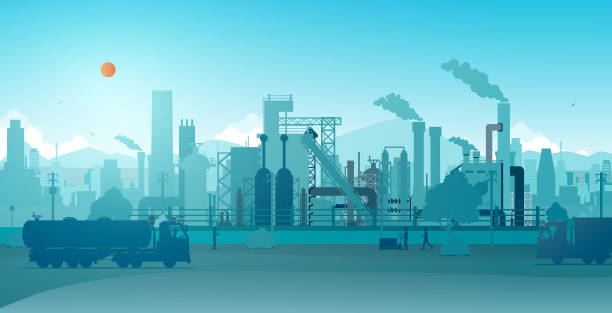 Factory Industrial factory with a sky as a backdrop. refinery stock illustrations