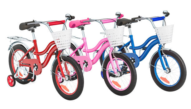 set of colored kids bicycles with training wheels and baskets. 3d rendering isolated on white background - bicycle isolated basket red imagens e fotografias de stock