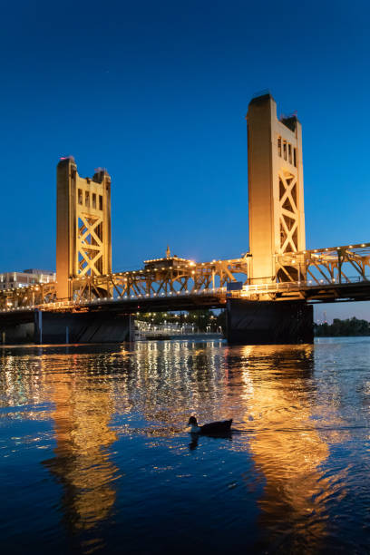 View towards the Tower Bridge and the skyscrapers in downtown Sacramento on a sunny day; California