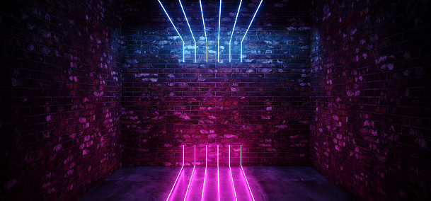 Dark Sci Fi Modern Futuristic Empty Grunge Brick Wall Room  Purple Blue Pink glowing Lights Concrete Floor Neon Vertical Line Light Shapes Empty Space 3D Rendering Illustration