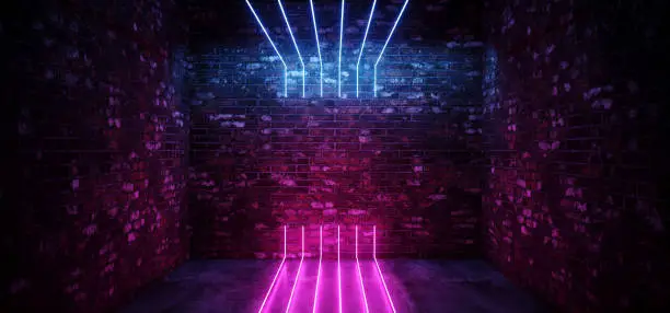 Photo of Dark Sci Fi Modern Futuristic Empty Grunge Brick Wall Room  Purple Blue Pink glowing Lights Concrete Floor Neon Vertical Line Light Shapes Empty Space 3D Rendering