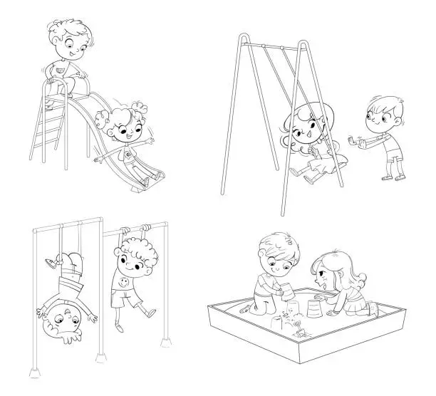 Vector illustration of Recreation park. Playground. Kids zone. Place for games. Coloring book