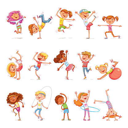 Children are engaged in different kinds of sports. Fitness. Dancing breakdance. Funny cartoon colorful character. Isolated on white background. Vector illustration