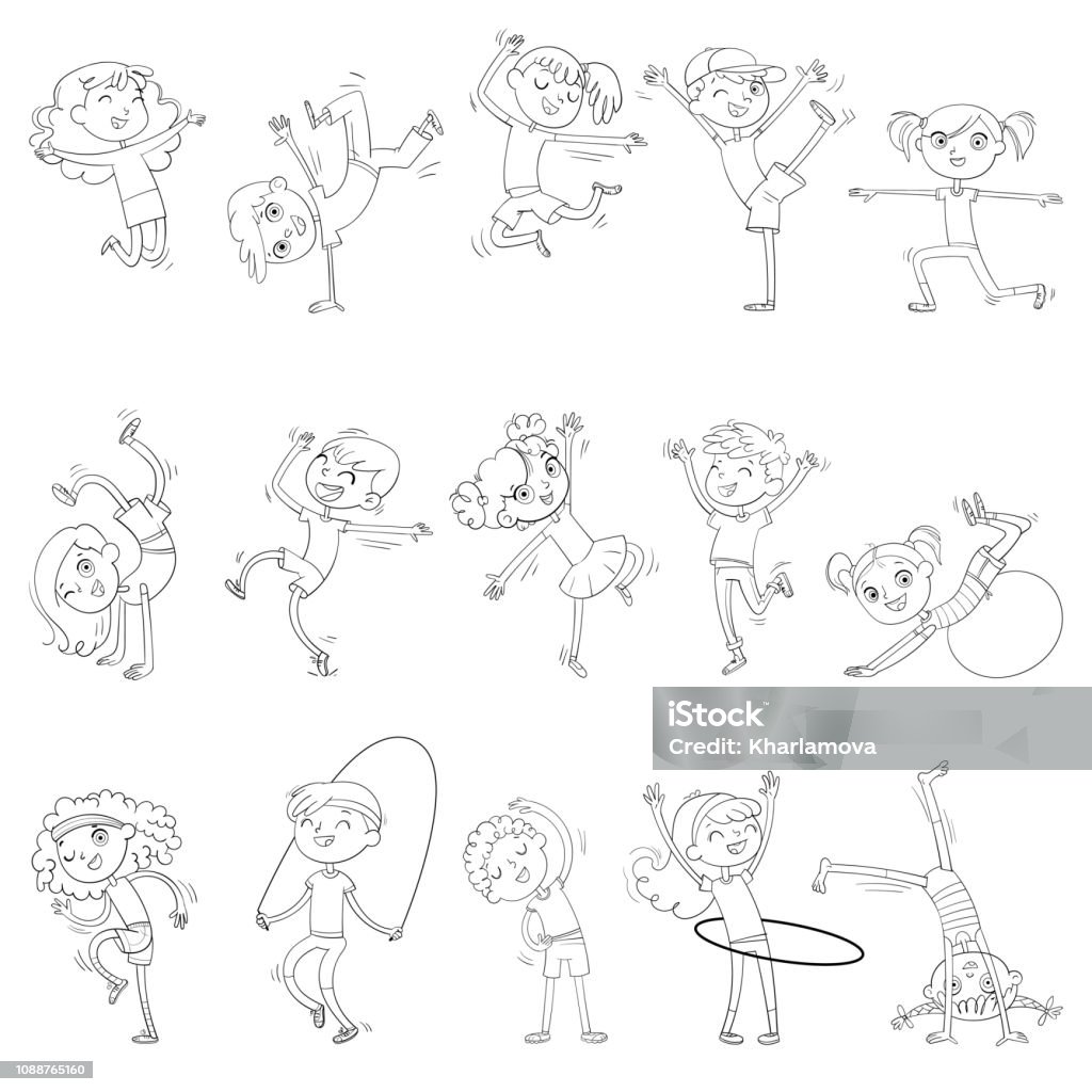 Children are engaged in different kinds of sports. Fitness. Dancing breakdance. Coloring book Children are engaged in different kinds of sports. Fitness. Dancing breakdance. Funny cartoon character. Vector illustration. Coloring book. Book stock vector