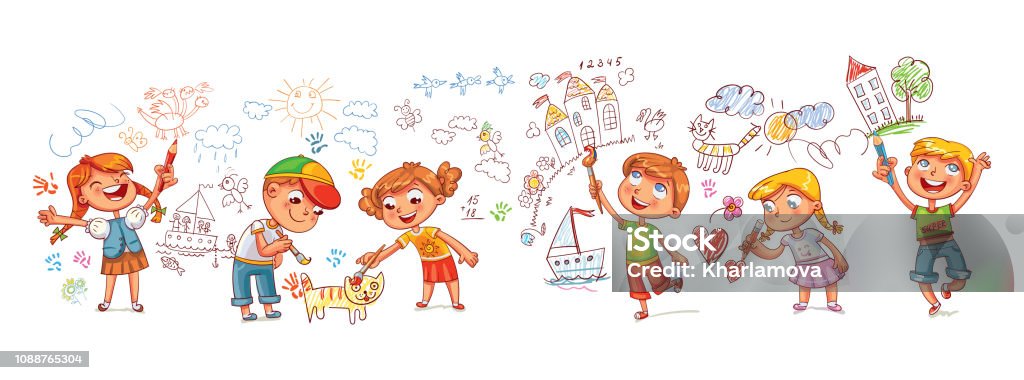 Kindergarten. Boys and girls drawing pictures scribbles on the walls Kindergarten. Boys and girls drawing pictures scribbles on the walls. Children draw with felt-tip, paints and crayons. Template for advertising brochure. Funny cartoon character. Vector illustration. Baby - Human Age stock vector