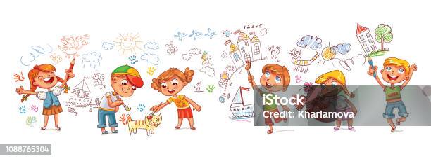 Kindergarten Boys And Girls Drawing Pictures Scribbles On The Walls Stock Illustration - Download Image Now