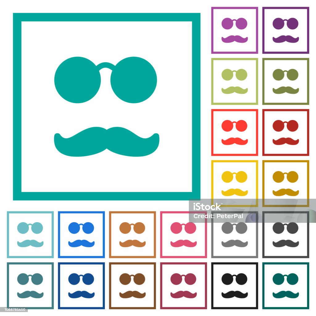 Glasses and mustache flat color icons with quadrant frames Glasses and mustache flat color icons with quadrant frames on white background Artificial stock vector