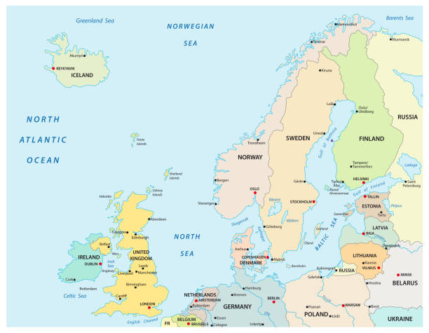 ilustraciones, imágenes clip art, dibujos animados e iconos de stock de mapa del vector político y administrativo del norte de europa con las fronteras estatales - norwegian sea