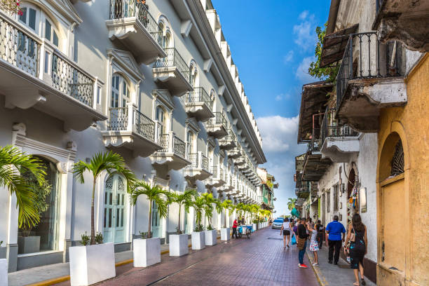Panama City, Panama - Mar 10th 2018 - Tourists and locals walking through the old colonial town of Panama City in a blue sky day in Panama