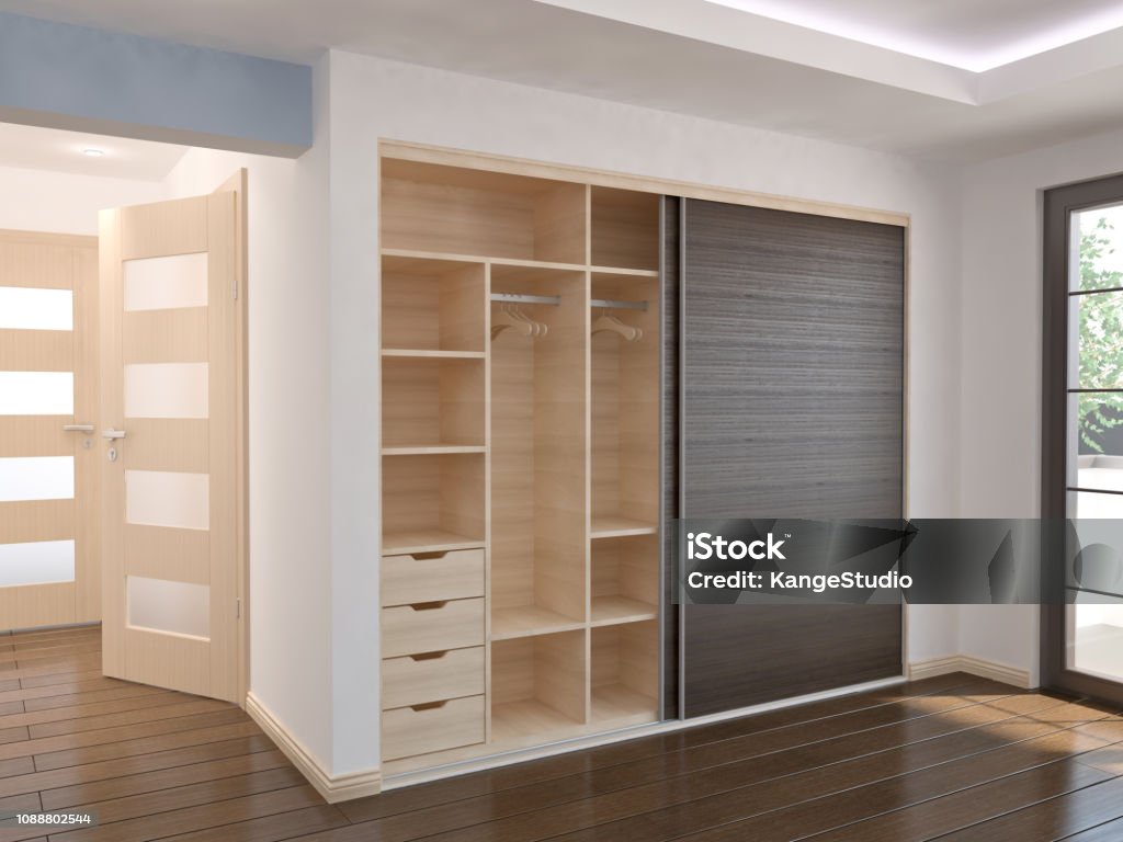 Wardrobe - Sliding doors Interior with wardrobe, 3D illustration Closet Stock Photo