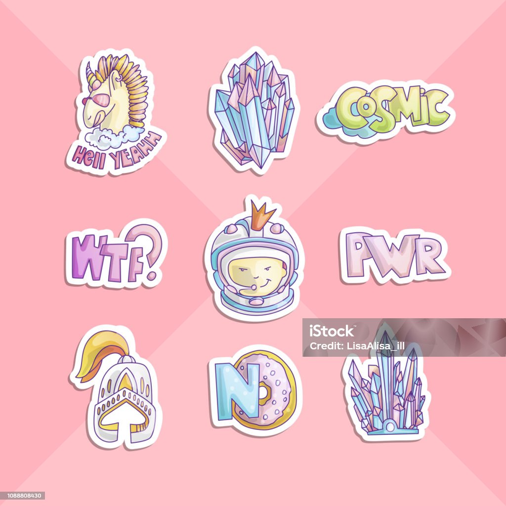 Cute cartoon girl power stickers. Astronaut girl, unicorn, donut, helmet and girl power lettering in sticker style. Princess stickers and icons, cute cartoon illustrations. Crystals and gems, cute princess fashion stickers Cute cartoon girl power stickers. Astronaut girl, unicorn, donut, helmet and girl power lettering in sticker style. Princess stickers and icons, cute cartoon illustrations. Cute Crystals and gems Baby Girls stock vector