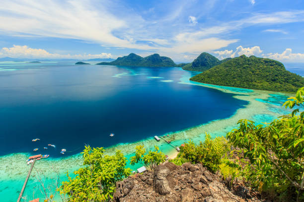 Bohey Dulang Island scenic panoramic top view of Bohey Dulang Island Semporna, Sabah. mabul island stock pictures, royalty-free photos & images