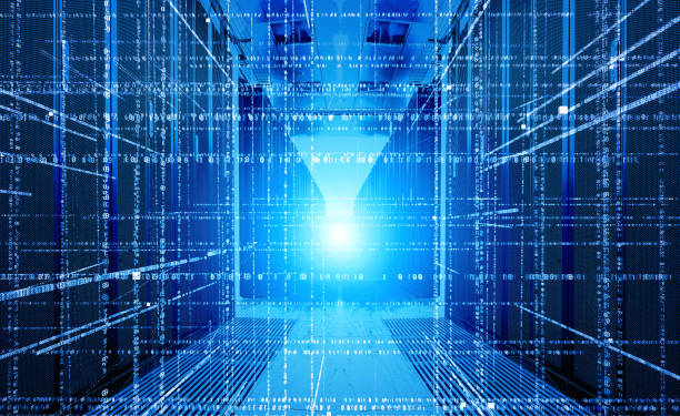 istock Virtual Space series. Backdrop design of 3D fractal design in perspective on background Data center with two rows of computers in white room 1088816238