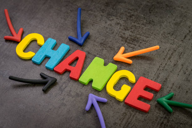 istock Change management, business transformation or move before disruption concept, multi color magnet arrows pointing to the word CHANGE at the center of dark black cement chalkboard wall background 1088825586