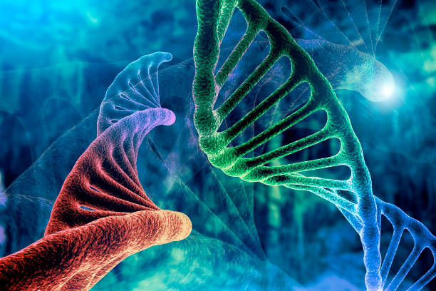 DNA strand and Cancer Cell Oncology Research Concept 3D rendering, abstract background, mixing of two structures, stock photo