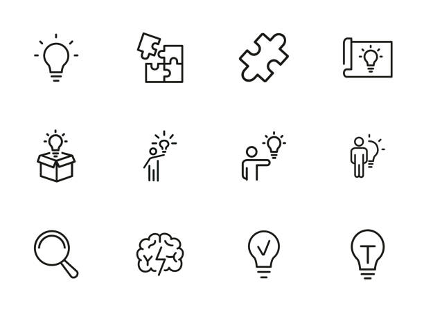 ilustraciones, imágenes clip art, dibujos animados e iconos de stock de conjunto de icono de línea de soluciones - creatividad
