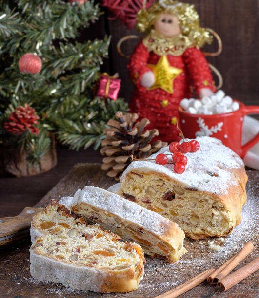 istock Stollen, a traditional European cake with nuts and candied fruit, is dusted with icing sugar 1088840234