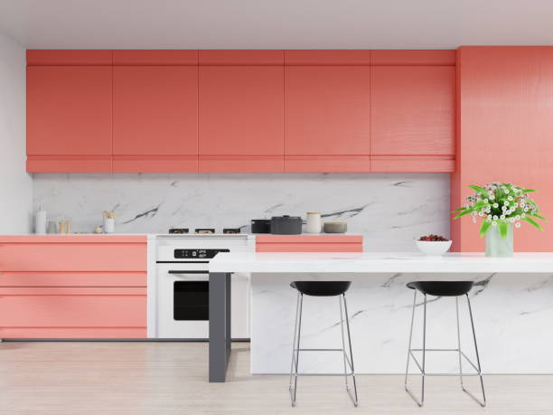 istock Kitchen interior with living coral color wall 1088840408