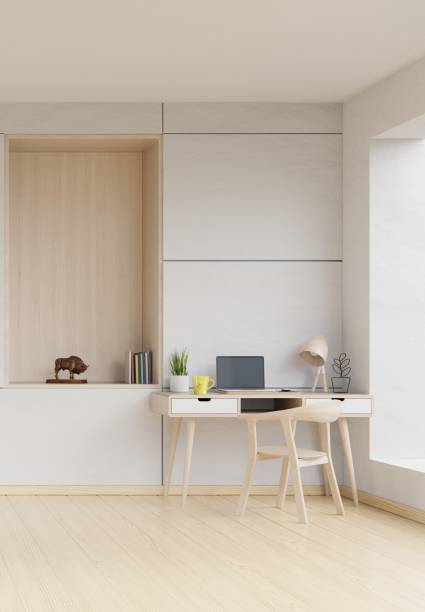 istock Front view of an working interior with white wall empty room 1088840420