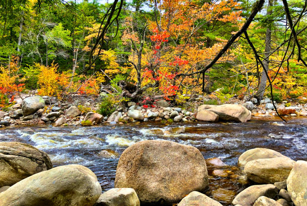 istock Large bolders on river’s edge with fall foliage 1088842172