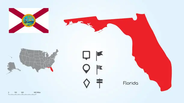 Vector illustration of Map of The United States with the Selected State of Florida And Florida Flag with Locator Collection