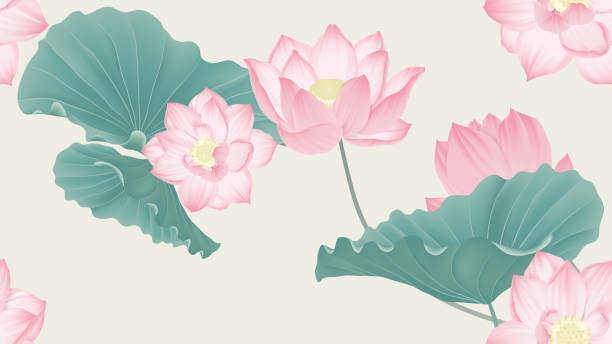 식물 완벽 한 패턴, 핑크 로터스 꽃과 잎 밝은 배경에 갈색, 파스텔 빈티지 테마 - water lily lotus water lily stock illustrations
