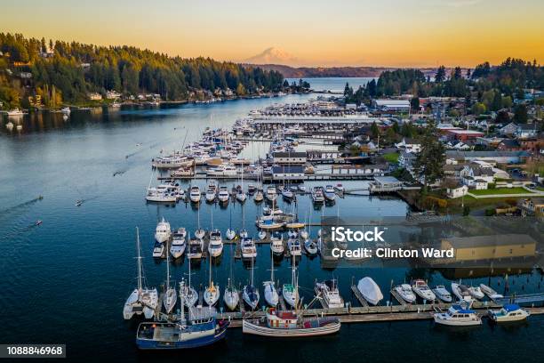 Orange Sunset Glow Over Gig Harbor Washington Stock Photo - Download Image Now - Washington State, Gig Harbor, Tacoma