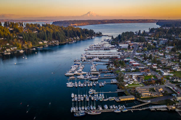 Orange Sunset Glow Over Gig Harbor Washington Aerial