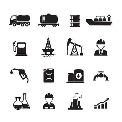 Oil industry icons, Set of 16 editable filled, Simple clearly defined shapes in one color, Vector