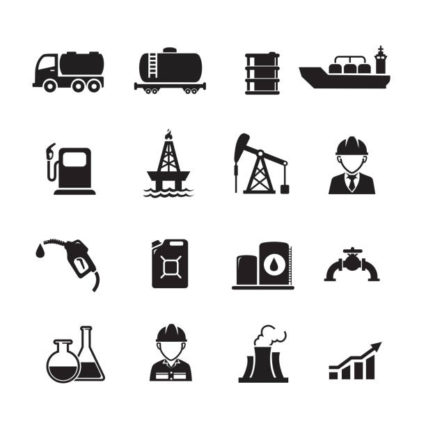 Oil industry icons Oil industry icons, Set of 16 editable filled, Simple clearly defined shapes in one color, Vector petrol tank stock illustrations