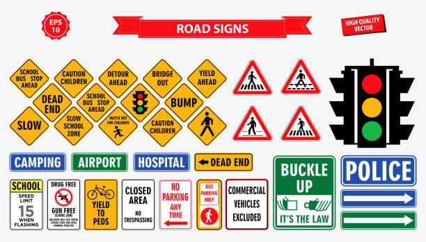 ilustrações de stock, clip art, desenhos animados e ícones de set road sign. - road sign illustrations