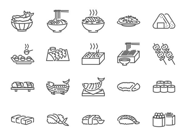japanisches essen symbolsatz linie 1. die symbole wie sushi, sashimi, maki, sushi-rolle, tonkatsu und mehr enthalten. - tonkatsu stock-grafiken, -clipart, -cartoons und -symbole