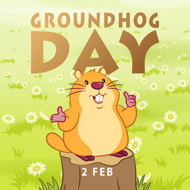 Groundhog Day Welcome Spring Marmot standing on a stump in the meadow with flowers to welcome spring for the Groundhog Day alpine marmot (marmota marmota) stock illustrations