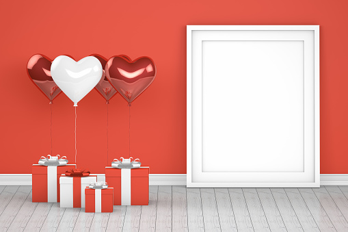 3d render of shiny red and white color balloons with empty frame in empty room. Valentine's day,  Party concept.