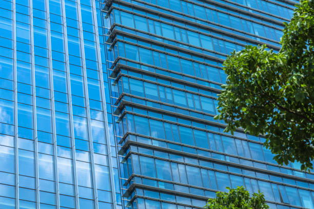 istock Details of a modern office building with green trees 1088858996